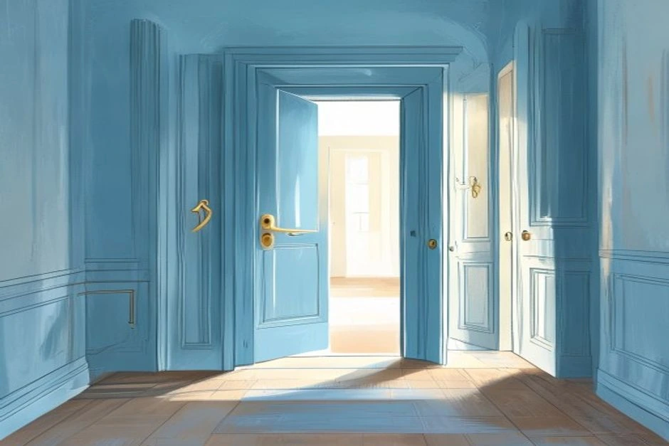 An open blue doorway in a quiet hall, with unused side doors sitting nearby in shadow.