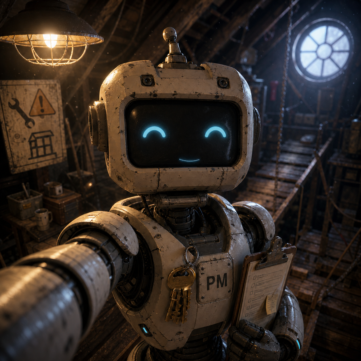 A weathered property manager robot takes a close attic selfie under a warm work light, holding keys and a clipboard while its soft cyan screen eyes smile.