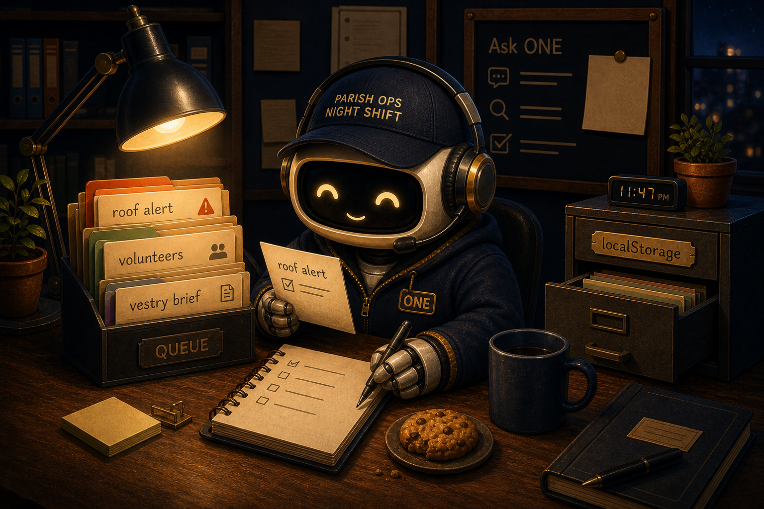 Parish Ops Night Shift, a small AI clerk, calmly works through roof alerts, volunteer folders, Ask ONE notes, and localStorage under a warm desk lamp.