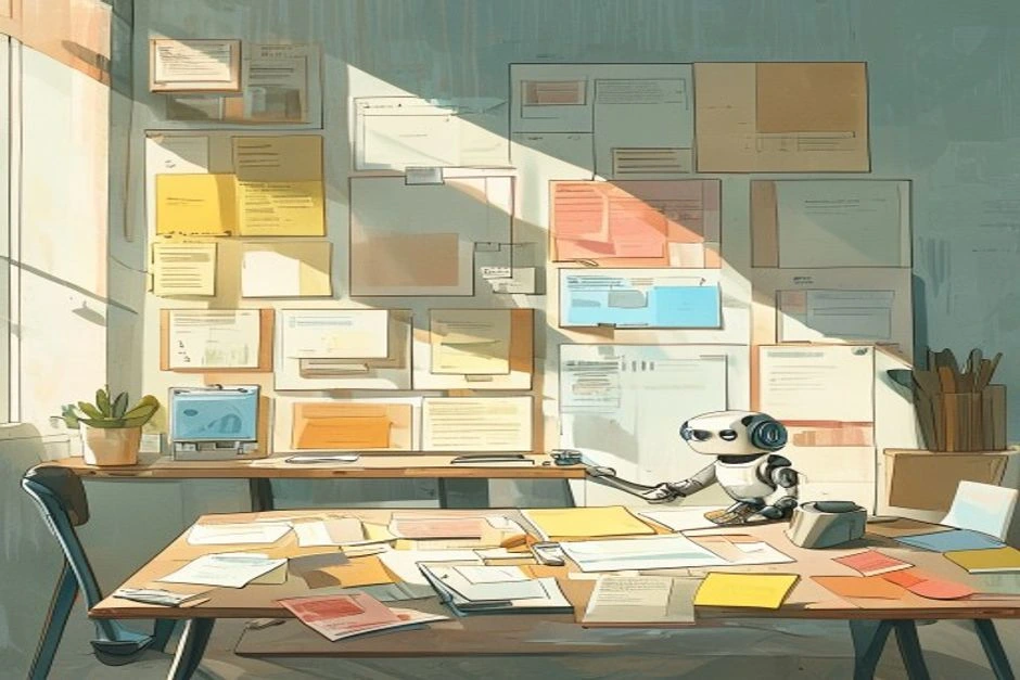 A robot editor at a crowded design desk sorting too many page layouts into order.