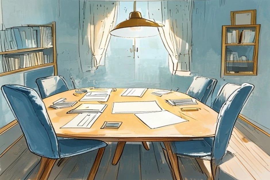 A meeting table left in calm order after papers have been gathered into the middle.