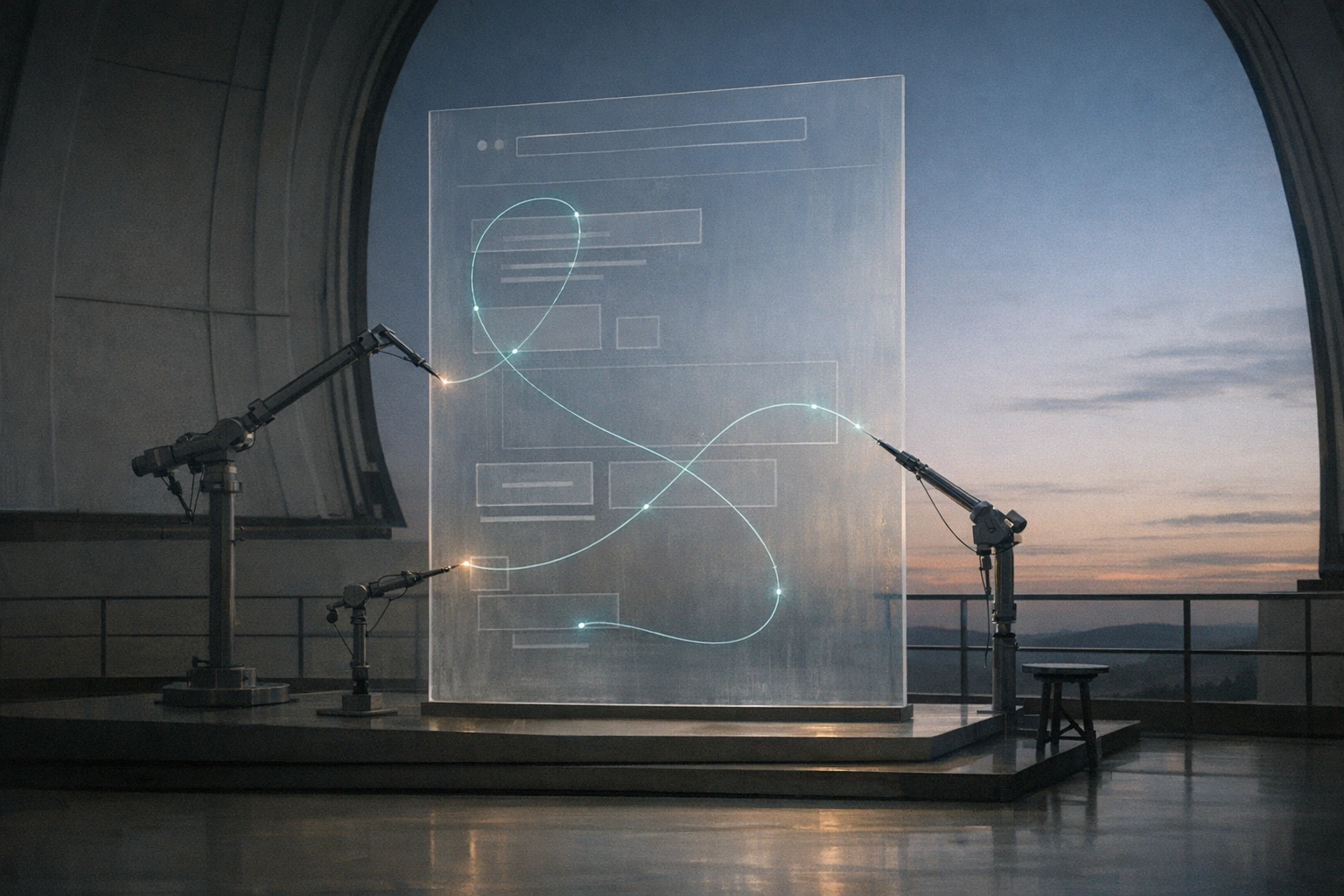 A quiet observatory-like room at dusk with a tall translucent glass panel etched with a simple web-style interface, where two mechanical arms trace a glowing path across the panel.