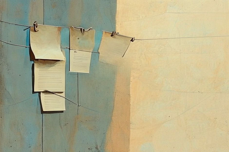 Pinned notes and clipped papers on a public wall, with one page hanging slightly crooked along the thread line.